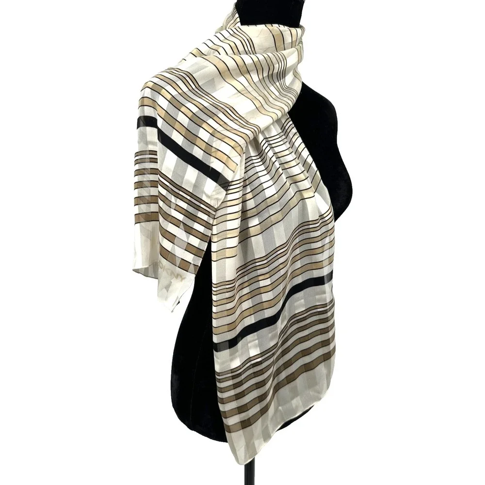DKNY Womens Cream Tone On Tone Stripe Geometric Rectangular Silk Scarf Italy‎